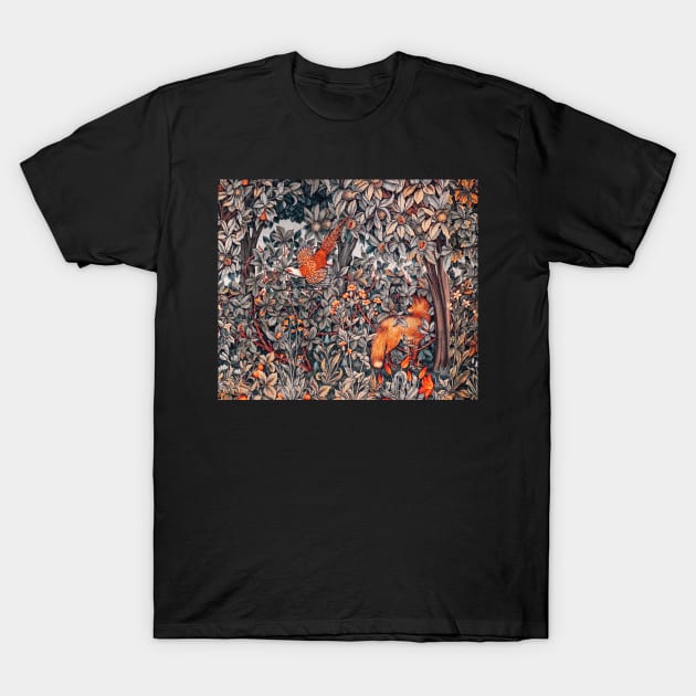 GREENERY, FOREST ANIMALS Pheasant and Fox Red Black White Floral T-Shirt by BulganLumini